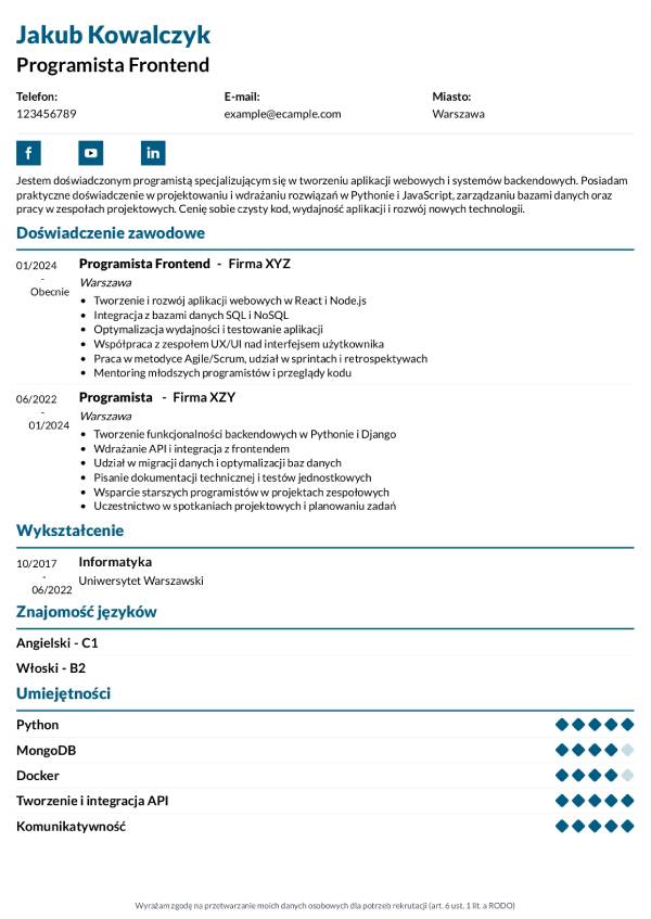 Dokument bez zdjecia klasyczny cv wzor