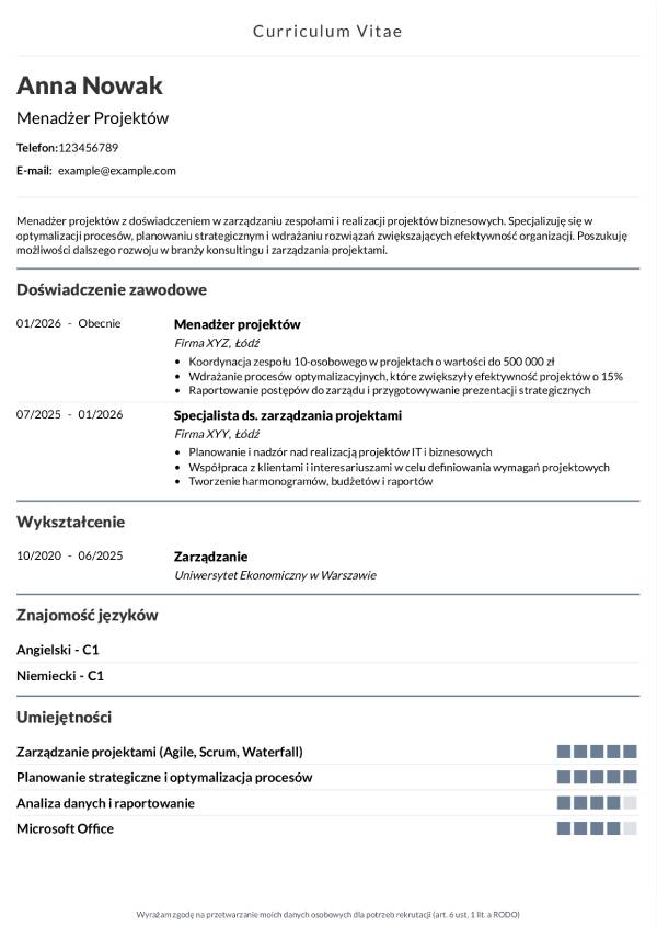 Prosty wzor cv bez zdjecia